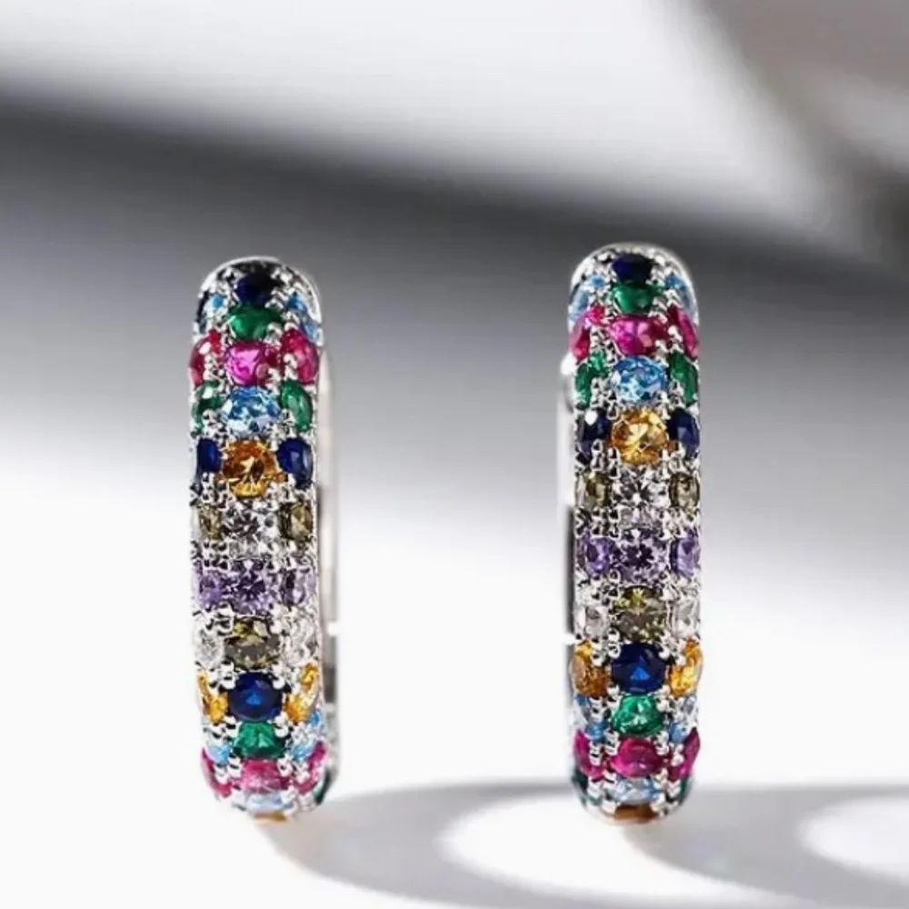 Silver Plated Mini Hoop Earrings Sparkling colorful Zircon Gem - Picture 6 of 10